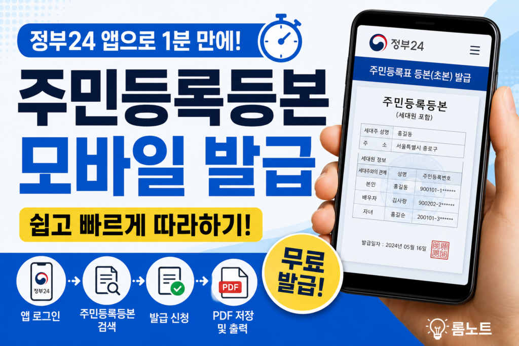 주민등록등본 모바일 발급방법 대표이미지, 정부24 앱으로 무료 발급하는 방법