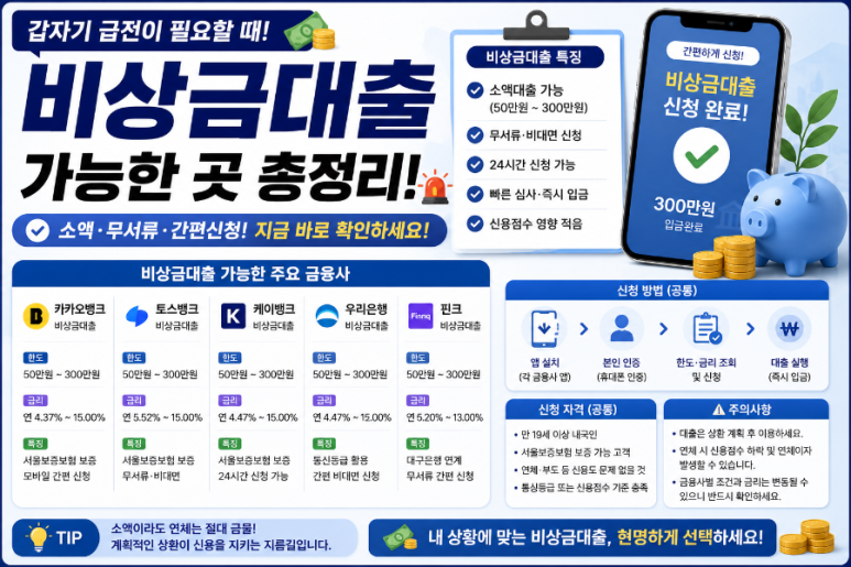 비상금대출 가능한 곳 대표이미지, 은행별 비상금대출 신청방법과 한도 비교